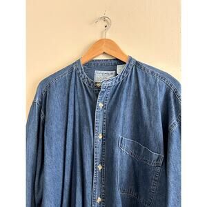 Vintage 90s y2k Dark Denim Jean Shirt Band Mandarin Grandad Collar Men's XL